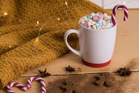 Mug with marshmallow, cookie with cinnamon, red and white christmas candy cane close-up.の写真素材
