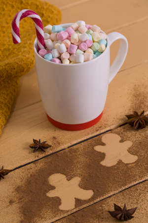 Mug with marshmallow, cookie with cinnamon, red and white christmas candy cane close-up.の写真素材