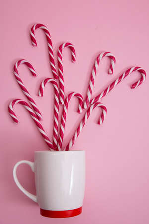 in a mug of Christmas candy cane, on a pink background.の写真素材