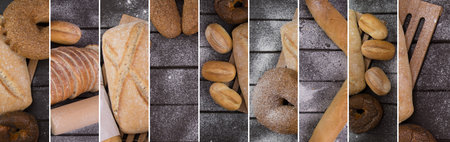 Assortment of bread. Bakery products. Various bread with a beautiful crisp. bread collage. Close up, Place for your text.の写真素材
