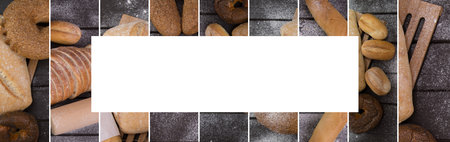 Assortment of bread. Bakery products. Various bread with a beautiful crisp. bread collage. Close up, Place for your text.の写真素材