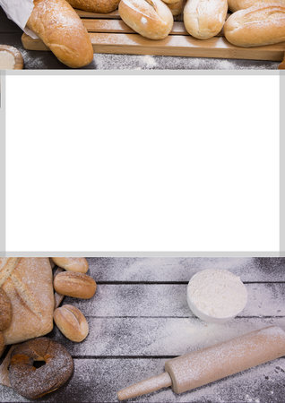 Assortment of bread. Bakery products. Various bread with a beautiful crisp. bread collage. Close up, Place for your text.の写真素材
