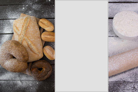 Assortment of bread. Bakery products. Various bread with a beautiful crisp. bread collage. Close up, Place for your text.の写真素材