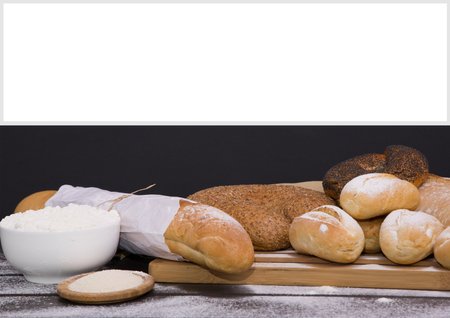 Assortment of bread. Bakery products. Various bread with a beautiful crisp. bread collage. Close up, Place for your text.の写真素材
