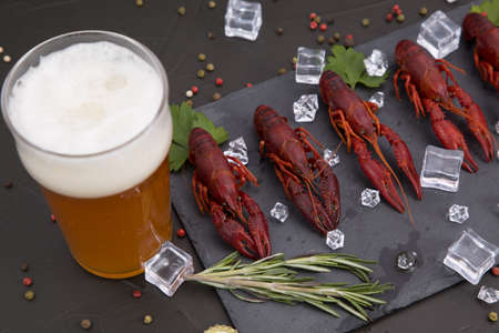 Delicious boiled crayfish close-up on a stone plate, around pieces of ice, and with a glass of beer, with pepper, lemon and parsley. Black backgroundの写真素材