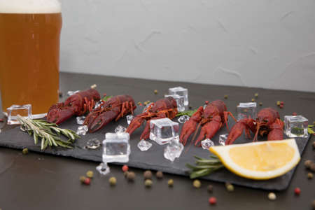 Delicious boiled crayfish close-up on a stone plate, around pieces of ice, and with a glass of beer, with pepper, lemon and parsley. Black backgroundの写真素材