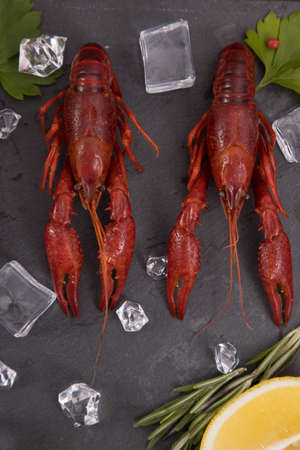 Delicious boiled crayfish close-up on a stone plate with pepper, lemon and parsley.の写真素材