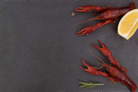 Delicious boiled crayfish close-up on a stone plate with pepper, lemon and parsley.の写真素材