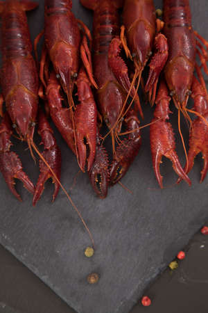 Delicious boiled crayfish close-up on a stone plate with pepper, lemon and parsley.の写真素材