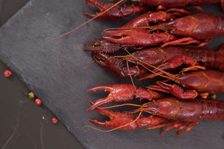 Delicious boiled crayfish close-up on a stone plate with pepper, lemon and parsley.の写真素材