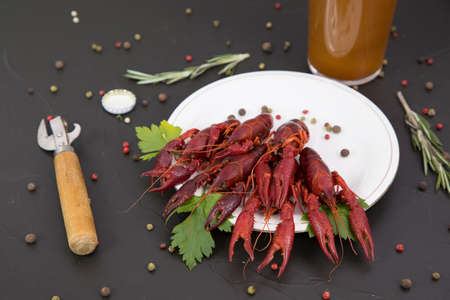 Delicious boiled crayfish close-up on a stone plate, around pieces of ice, and with a glass of beer, with pepper, lemon and parsley. Black backgroundの写真素材