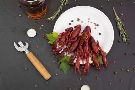 Delicious boiled crayfish close-up on a stone plate, around pieces of ice, and with a glass of beer, with pepper, lemon and parsley. Black backgroundの写真素材