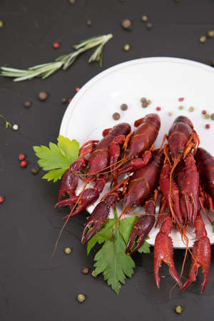 Delicious boiled crayfish close-up on a stone plate with pepper, lemon and parsley. free space for your text. Black background.の写真素材