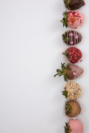 Assorted strawberries in chocolate, sweet dessert, berries in different chocolate and sprinkled with nuts.の写真素材