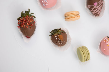 Assorted strawberries in chocolate, sweet dessert, berries in different chocolate and sprinkled with nuts.の写真素材