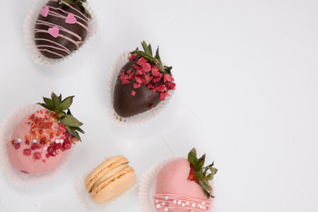 Assorted strawberries in chocolate, sweet dessert, berries in different chocolate and sprinkled with nuts.の写真素材