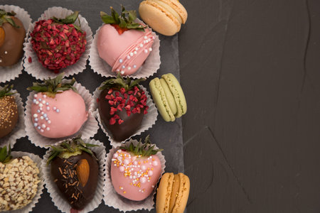 Assorted strawberries in chocolate with macaron, sweet dessert, free space for your text, sprinkled with nuts, top view, isolated background.の写真素材