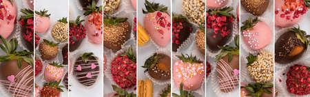 Assorted strawberries in chocolate, sweet dessert, berries in different chocolate and sprinkled with nuts.の写真素材