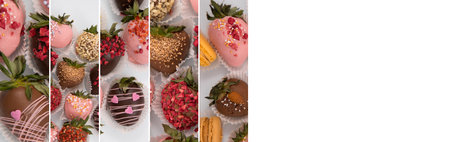 Assorted strawberries in chocolate, sweet dessert, berries in different chocolate and sprinkled with nuts.の写真素材