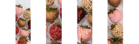 Assorted strawberries in chocolate, sweet dessert, berries in different chocolate and sprinkled with nuts.の写真素材