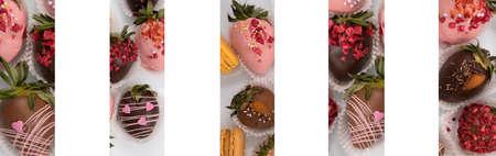 Assorted strawberries in chocolate, sweet dessert, berries in different chocolate and sprinkled with nuts.の写真素材