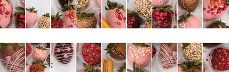 Assorted strawberries in chocolate, sweet dessert, berries in different chocolate and sprinkled with nuts.の写真素材