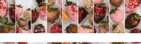 Assorted strawberries in chocolate, sweet dessert, berries in different chocolate and sprinkled with nuts.の写真素材