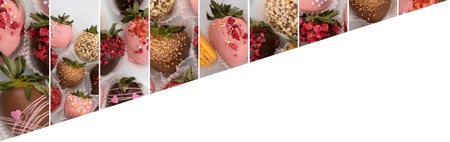 Assorted strawberries in chocolate, sweet dessert, berries in different chocolate and sprinkled with nuts.の写真素材