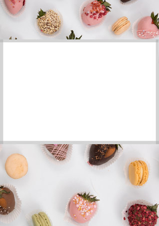 Assorted strawberries in chocolate, sweet dessert, berries in different chocolate and sprinkled with nuts.の写真素材