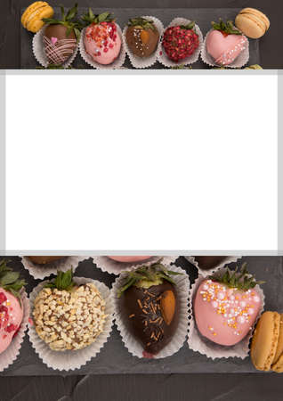 Assorted strawberries in chocolate, sweet dessert, berries in different chocolate and sprinkled with nuts.の写真素材