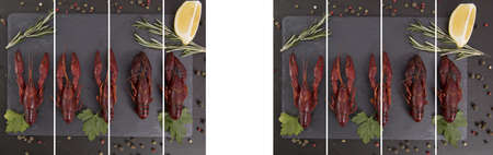 Delicious boiled crayfish close-up on a stone plate with lemon and parsley.の写真素材