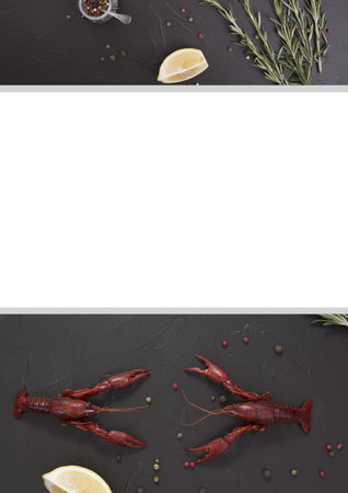 Delicious boiled crayfish close-up on a stone plate with lemon and parsley.の写真素材