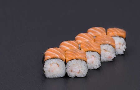 Sushi Rolls Sake Ebi Maki with RICE, TIGER SHRIMPS and SALMON.の写真素材