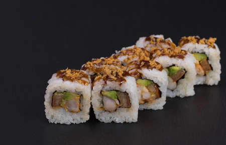 Sushi rolls Roll on black background. Sushi menu. Japanese food.の写真素材