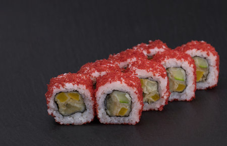 Sushi rolls Roll on black background. Sushi menu. Japanese food.の写真素材