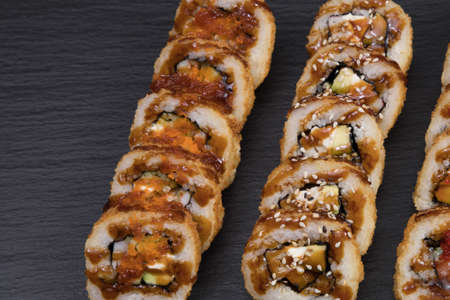 Hot sushi rolls set of 56 sushi.の写真素材