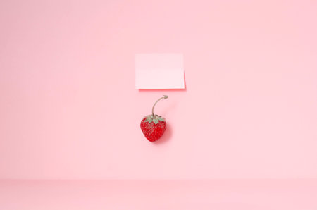 Red strawberry on the pink table and one stickerの写真素材