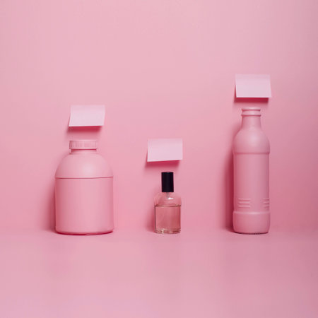 Three bottles and three stickers on the pink tableの写真素材