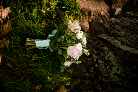 A bouquet of flowers on the background of a treeの写真素材