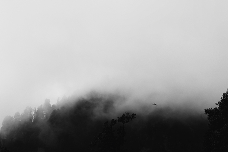 Three peaks of the mountains can be seen from behind the cloudsの写真素材