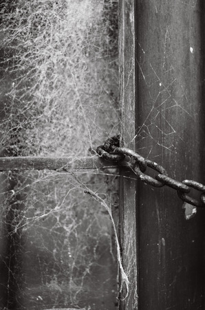 Cobweb with a hanging chain on a wooden doorの写真素材