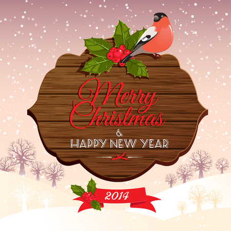 Christmas signboard with holly berry and bullfinchのイラスト素材