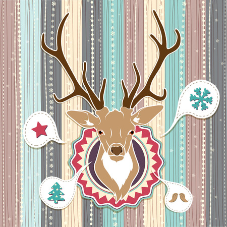 Vintage vector Christmas card with Deer. Cold Pastel colorsのイラスト素材