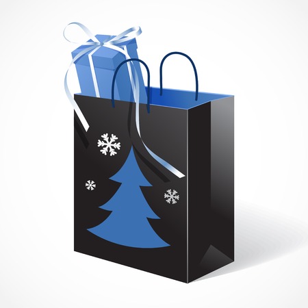 Vector illustration of Festive black paper-bag with christmas tree, snowflakes and gift tied with a bowのイラスト素材