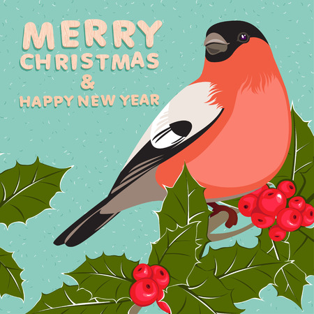 Vector illustration Christmas background and greeting card with bullfinch and holly berry. Flat styleのイラスト素材
