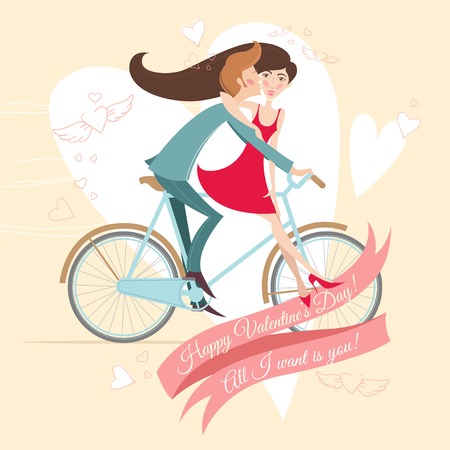 Vector Illustration of  Loving  couple on the bicycle. Valentine's day greeting card.のイラスト素材