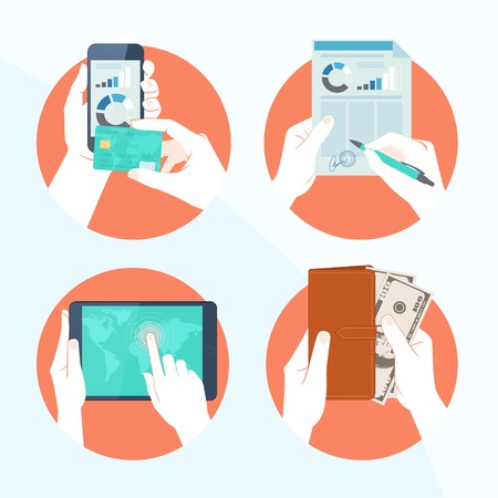 Vector Illustration of Icon set with Hands holding credit card, smartphone, money and other commercial objectsのイラスト素材