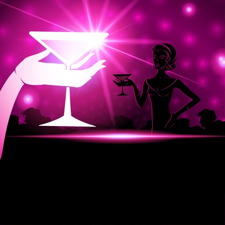 Vector Illustration of A woman holding a cocktail. A sparkling backgroundのイラスト素材