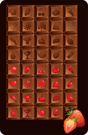 Vector Illustration of  Set of chocolate bars with icons of food and holidays. Additional set with jelly filling and three-dimensional strawberryのイラスト素材