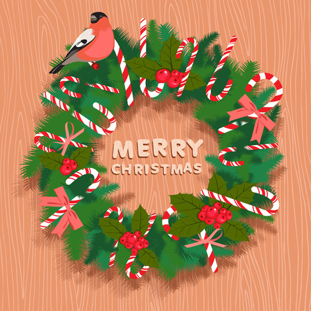 Vector illustration Festive christmas wreath with candy, bullfinch and wooden letters. Flat style.のイラスト素材